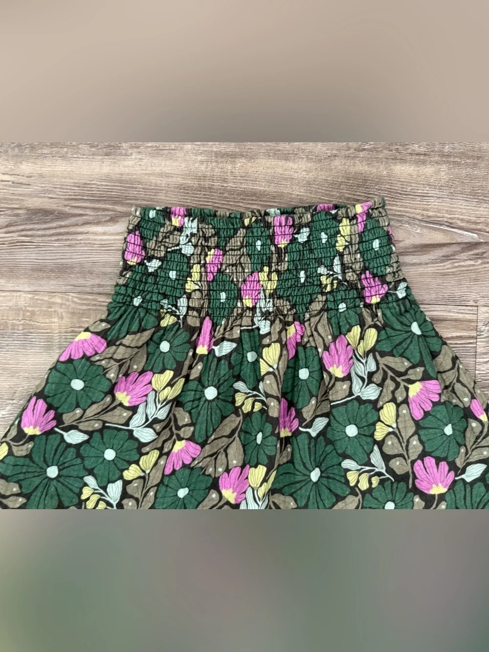 Marine Layer XS Floral Maxi Skirt Smocked Waist Tiered Green Pink Boho